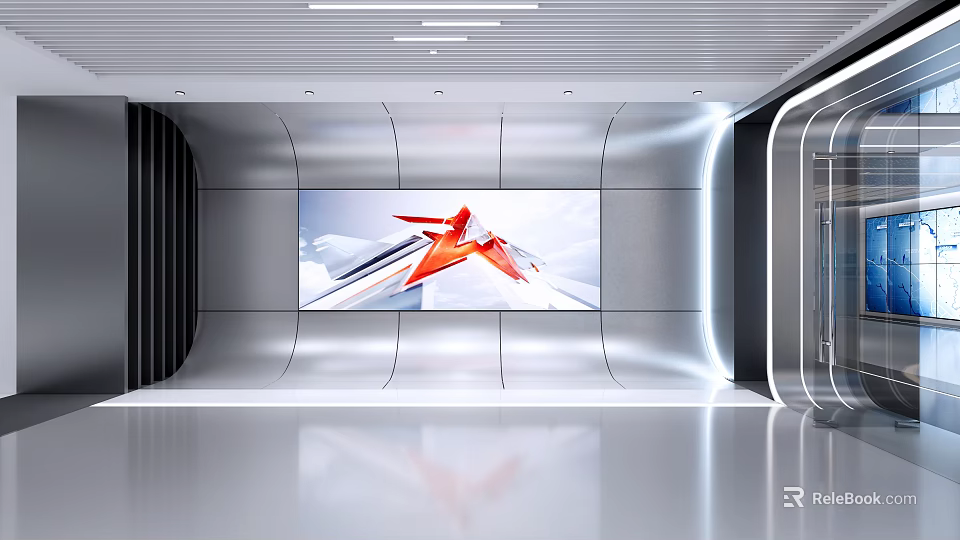 Modern Exhibition Hall with Large Screen Red White Pattern Silver Walls Black Stripes Reflective Floor 3d model 