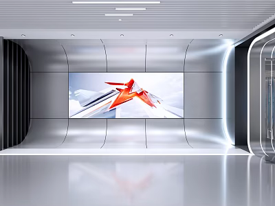 Modern Exhibition Hall with Large Screen Red White Pattern Silver Walls Black Stripes Reflective Floor 3d model