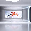 Modern Exhibition Hall with Large Screen Red White Pattern Silver Walls Black Stripes Reflective Floor