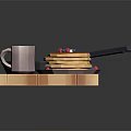 Breakfast With Fried Eggs Bacon Pancakes In Blue Frying Pan Purple Mug On Wooden Board