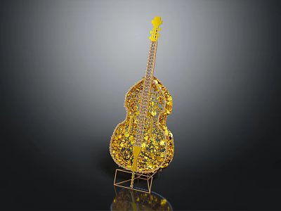 Golden Shiny Musical Instrument Decorated with Artistic Painting Supplies on Display Stand 3d model