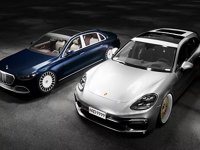 Two Luxury Sedans Blue and Silver with Modern Design and Stylish Exterior Details 3d model