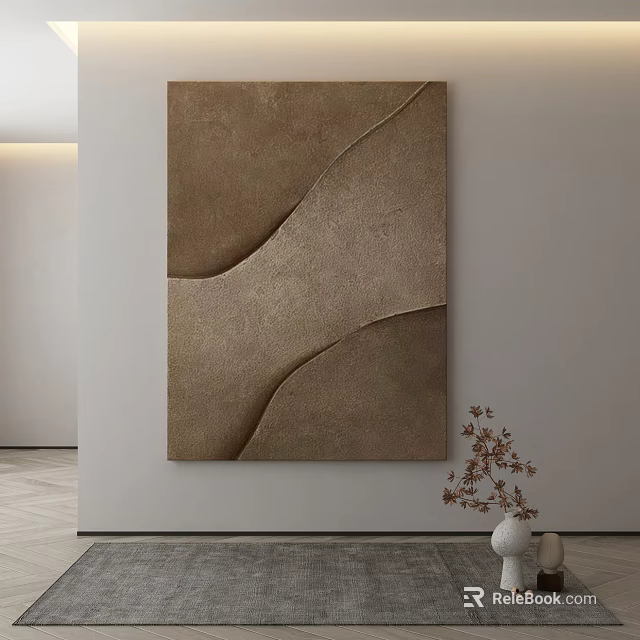 Minimalist Abstract Painting With Beige Brown Textured Surface And Decorative Dried Flowers Vase 3d model 