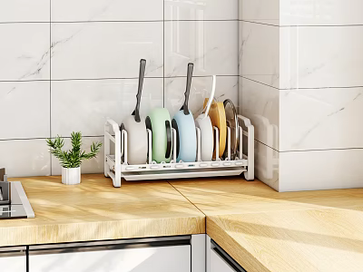 Kitchen Utensils And Colorful Plates In White Rack On Wooden Countertop With Marble Wall 3d model