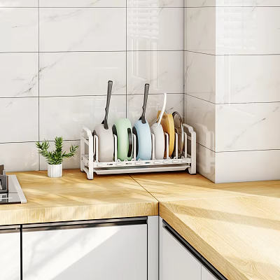 Kitchen Utensils And Colorful Plates In White Rack On Wooden Countertop With Marble Wall 3d model