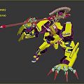 Mech Warrior Character and Yellow Black Mechanical Creature with Spear Weapon and Sharp Red Claws