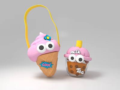Cute Decorative Ornament Set Featuring Pink Ice Cream Cone And Milk Tea Cup 3d model