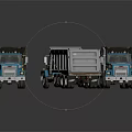 Three Blue And White Dump Truck Models With Brown Beds Displayed On Shiny Surface