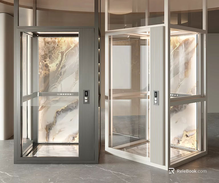 Sleek Modern Elevator Design With Glass Walls And Marble Interior Panels 3d model 