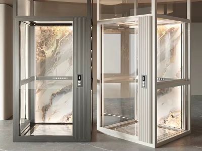 Sleek Modern Elevator Design With Glass Walls And Marble Interior Panels 3d model
