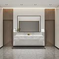 Modern Public Restroom Interior With Marble Countertop Large Mirror Wooden Doors And Plants