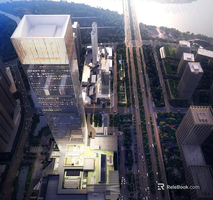 Modern Urban Aerial Planning Featuring High Rise Buildings Road Networks And Green Spaces 3d model 