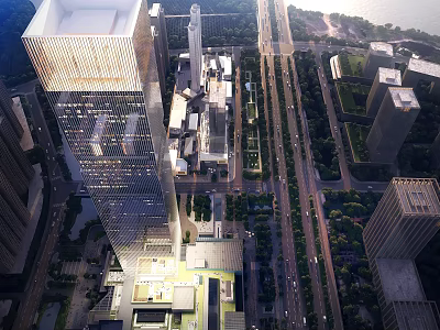 Modern Urban Aerial Planning Featuring High Rise Buildings Road Networks And Green Spaces 3d model
