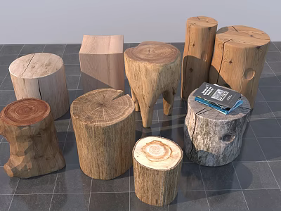 Rustic Natural Wooden Tree Stump Stools with Various Shapes and Textured Surfaces 3d model