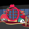 Festive Chinese New Year Decoration With Red Lanterns Fans Flowers And Happy New Year Sign