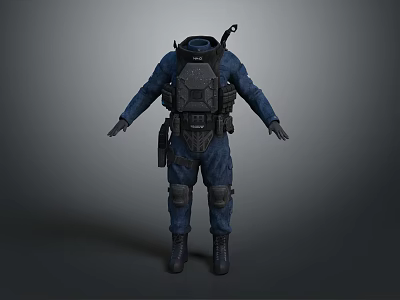 Dark Blue Protective Suit Design With Backpack Protective Gear And Boots 3d model