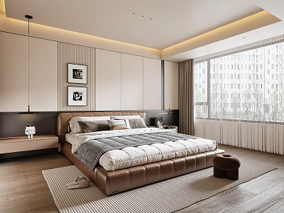 Modern Bedroom Interior Design With Leather Bed Wall Art And City View Windows 3d model