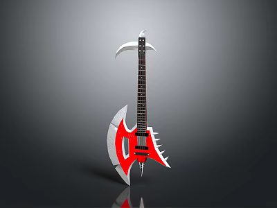 Red And Silver Guitar Axe With Sharp Blades And Decorative Design 3d model