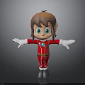 Cute 3D Cartoon Elf Character With Brown Hair Blue Eyes White Gloves And Red Jumpsuit