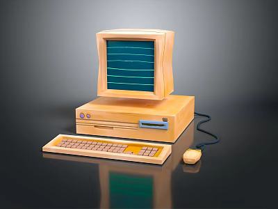 Vintage Yellow Computer Setup With Monitor Tower Keyboard Mouse And Green Screen 3d model