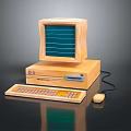 Vintage Yellow Computer Setup With Monitor Tower Keyboard Mouse And Green Screen