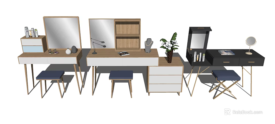 Various Design Dressing Tables With Mirrors Drawers Stools And Plant Decor 3d model