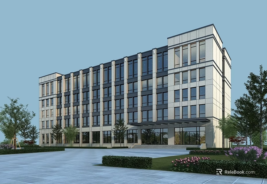Modern Office Building Exterior with Glass Windows and Landscaped Entrance Plaza 3d model 