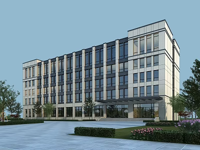 Modern Office Building Exterior with Glass Windows and Landscaped Entrance Plaza 3d model