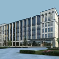 Modern Office Building Exterior with Glass Windows and Landscaped Entrance Plaza