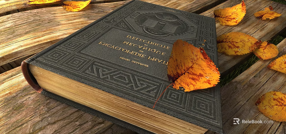 Vintage Book With Intricate Patterns And Autumn Leaves On Wooden Table 3d model 