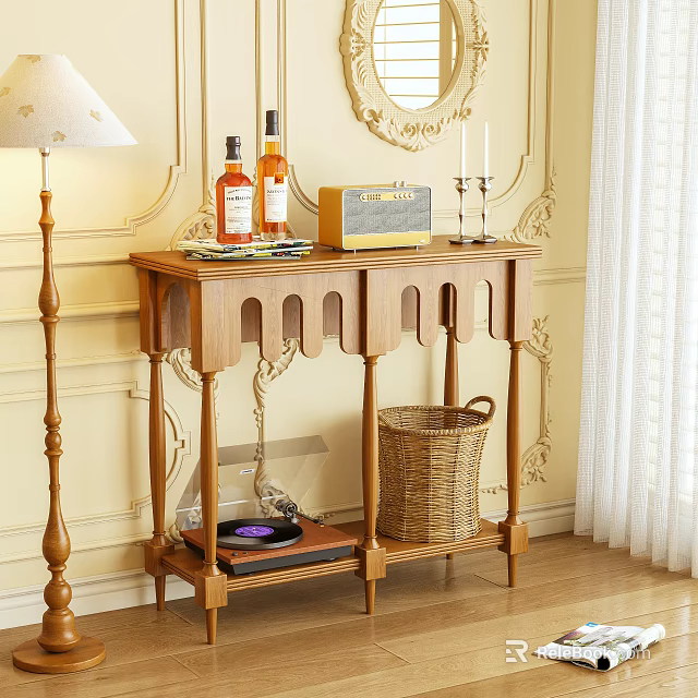 Elegant Console Table With Wine Bottles Radio Candles And Wicker Basket On Decorative Wall Background 3d model 
