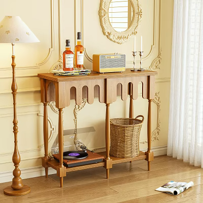 Elegant Console Table With Wine Bottles Radio Candles And Wicker Basket On Decorative Wall Background 3d model