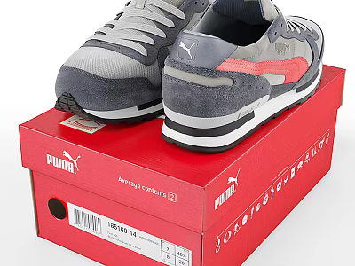 Puma Retro Sneakers in Gray and Pink on Red Shoe Box Design 3d model