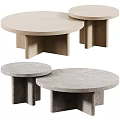 Round Coffee Tables With Dark Brown Wooden And Light Beige Stone Geometric Bases