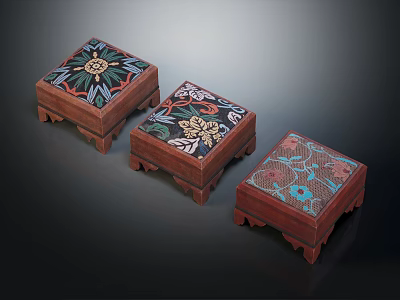 Three Square Wooden Stools With Colorful Floral Patterns And Traditional Design 3d model