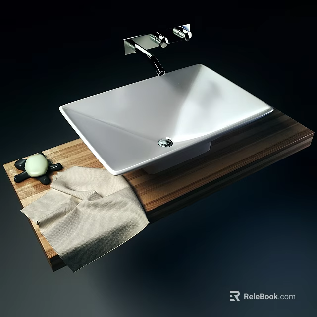 Modern White Square Washbasin on Wooden Countertop with Faucet Towel and Soap 3d model 