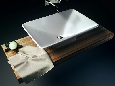 Modern White Square Washbasin on Wooden Countertop with Faucet Towel and Soap 3d model