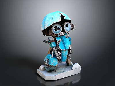 Blue Robot Figure With Large Mechanical Eyes And Worn Parts Standing On White Base 3d model