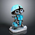 Blue Robot Figure With Large Mechanical Eyes And Worn Parts Standing On White Base