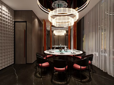 Modern Private Dining Room Interior With Round Table Chandelier And Red Chairs 3d model