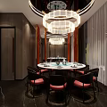 Modern Private Dining Room Interior With Round Table Chandelier And Red Chairs 3d model
