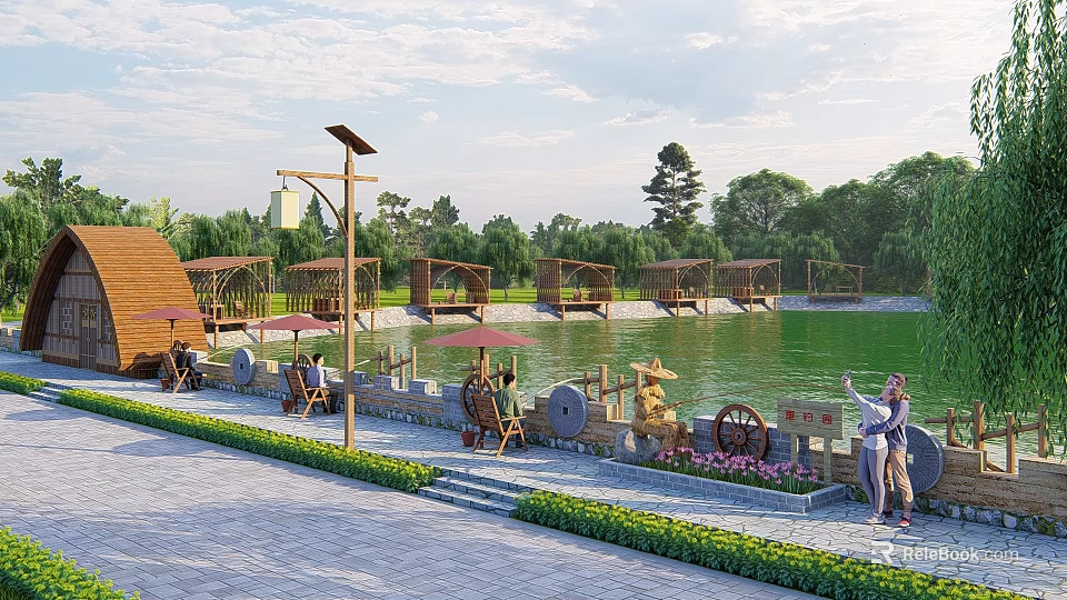 Tranquil Garden Landscape Featuring Lake Wooden Pavilions Seating Areas Stone Mill And Flower Beds 3d model 