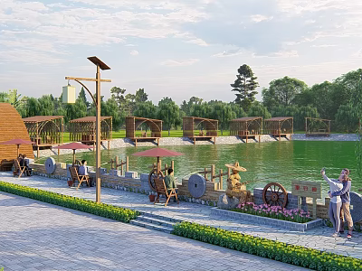 Tranquil Garden Landscape Featuring Lake Wooden Pavilions Seating Areas Stone Mill And Flower Beds 3d model