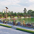Tranquil Garden Landscape Featuring Lake Wooden Pavilions Seating Areas Stone Mill And Flower Beds
