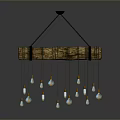 Brown Wooden Beam Hanging Decoration With Black Straps And Colorful Blue Yellow Pendant Lights