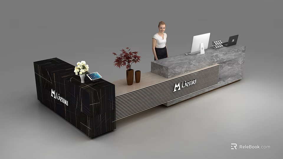 Modern Reception Desk With Marble Surface Computer Monitor Plants And Levana Logo 3d model 