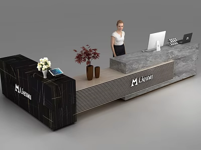 Modern Reception Desk With Marble Surface Computer Monitor Plants And Levana Logo 3d model