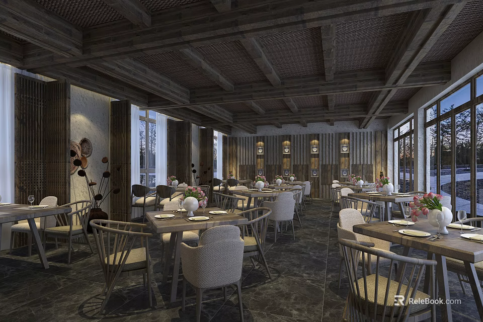 Cozy Restaurant Interior With Wooden Ceiling Beams Tables Chairs Windows And Decorative Flowers 3d model 