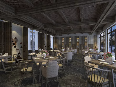 Cozy Restaurant Interior With Wooden Ceiling Beams Tables Chairs Windows And Decorative Flowers 3d model
