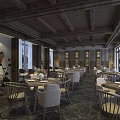 Cozy Restaurant Interior With Wooden Ceiling Beams Tables Chairs Windows And Decorative Flowers